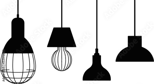 Illustration of four hanging light fixtures in black silhouette against a light gray background