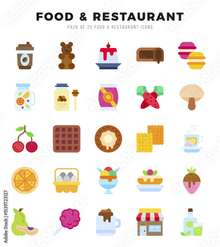 Set of 25 Food and Restaurant Flat Icons Pack.