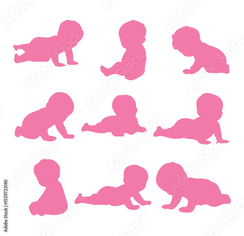 Set of Baby Silhouettes. Newborn baby silhouette. Baby girl symbol in pink color. Baby, toddler, newborn, small kids, silhouette collection. Vector illustrator