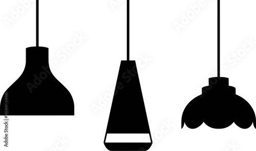 Three black pendant lights with different shapes hanging against a white background in simple illustration