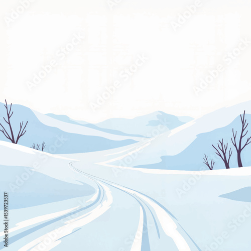 Serene snowy landscape with winding tracks, winter tranquility