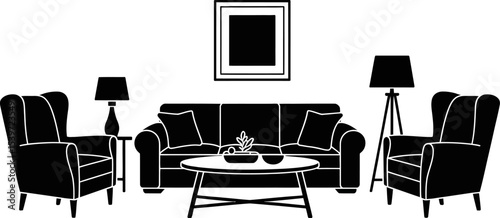 A monochrome living room scene featuring a sofa armchairs lamps and a coffee table illustration art
