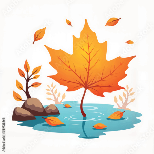Colorful autumn leaf floating in stream, nature's tranquility