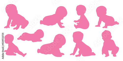Set of Baby Silhouettes. Newborn baby silhouette. Baby girl symbol in pink color. Baby, toddler, newborn, small kids, silhouette collection. Vector illustrator