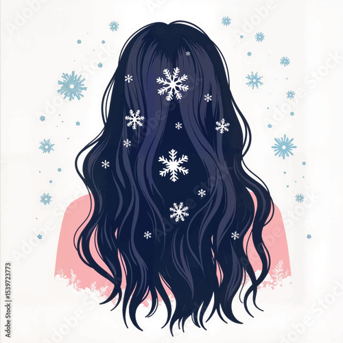 Snowflakes adorning flowing hair in winter illustration, seasonal beauty