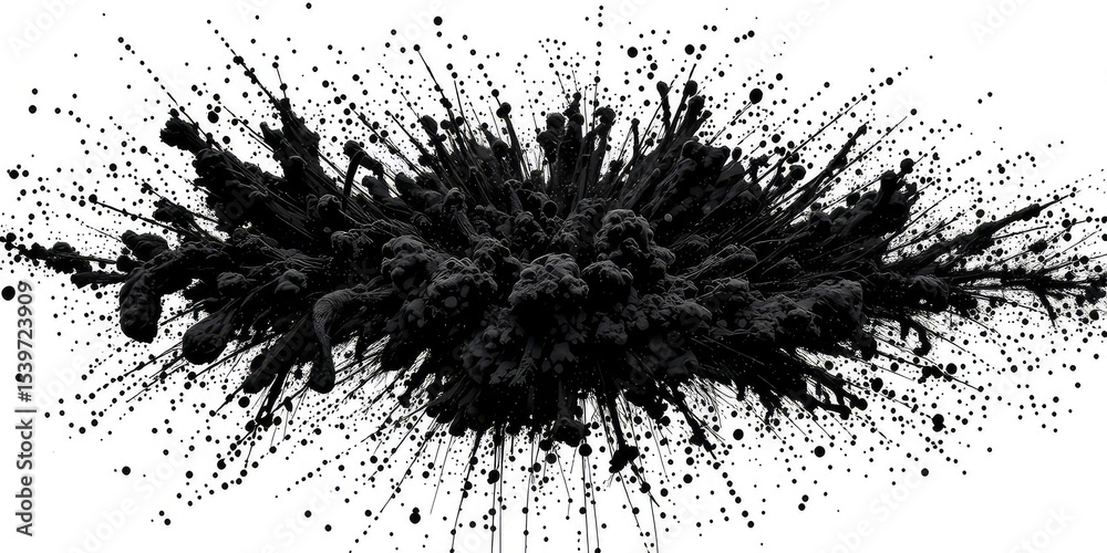 Fototapeta premium Abstract black particles exploding and radiating out with sharp, fine lines and small dots, with a bright white background