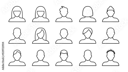 set of man and woman face drawn in black line art