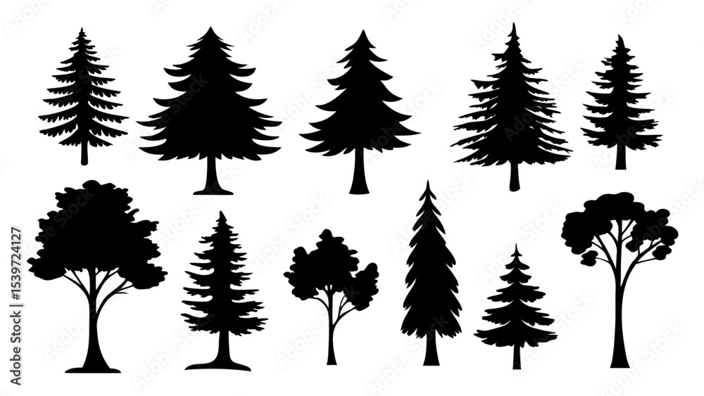 Fototapeta premium A set of minimalist pine trees silhouette vector