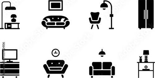 An illustration of furniture icons including sofas chairs tables and lamps on a white and gray grid