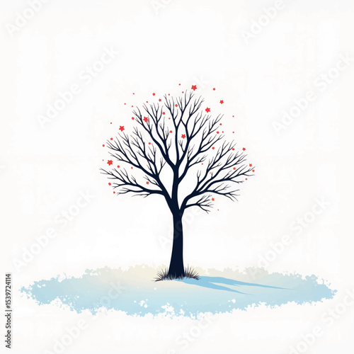 Lonely tree in snowy field on white background, solitude and stillness