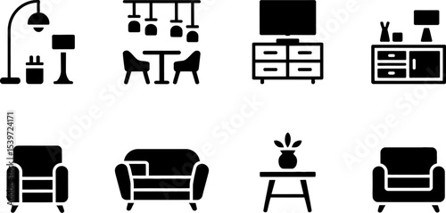 Illustration of living room furniture including lamps chairs sofas and tables in black and white style