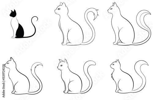 Minimalist Black and White Cat Silhouette Vector Set – Sitting Cat Line Art Illustration.