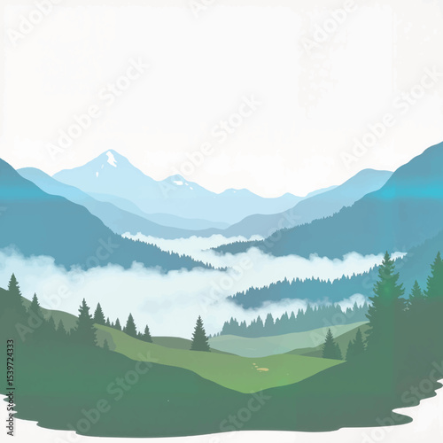 Misty valley landscape with fog rolling through, serene nature
