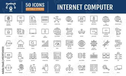 Internet computer line editable icon set. Containing
computer, network, online, website, server, web design,
hardware, software, programming and more. Vector Illustration 