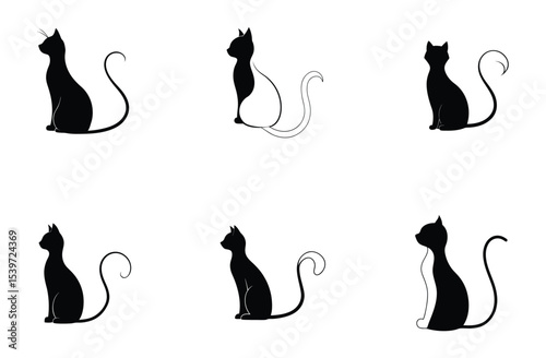 Minimalist Black and White Cat Silhouette Vector Set – Sitting Cat Line Art Illustration.