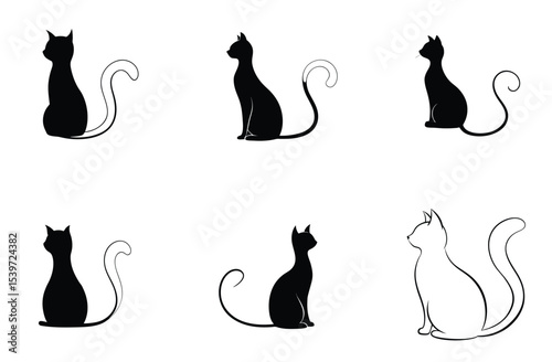Minimalist Black and White Cat Silhouette Vector Set – Sitting Cat Line Art Illustration.
