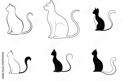Minimalist Black and White Cat Silhouette Vector Set – Sitting Cat Line Art Illustration.