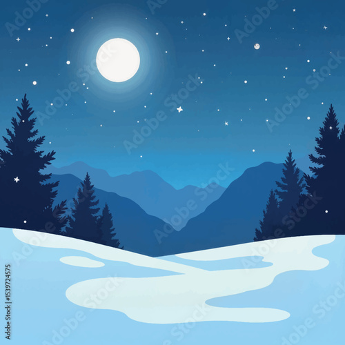 Starlit winter landscape under glowing moonlight, serene beauty