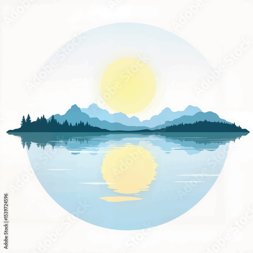 Tranquil lake reflection under bright sun, nature's harmony