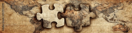 Two puzzle pieces placed on a vintage world map creating a sense of global connection and unity