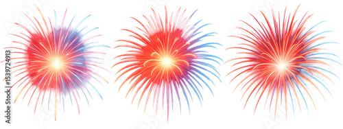 Set of colorful red and blue fireworks bursts isolated on transparent background
