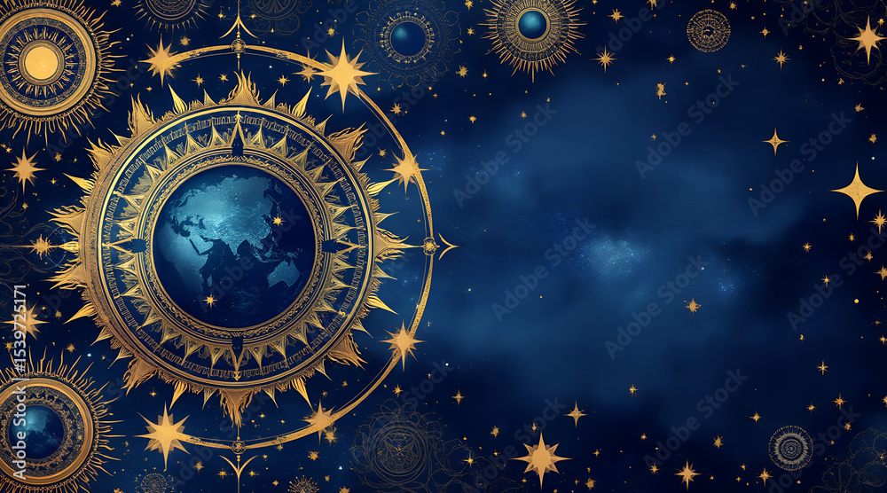 Fototapeta premium AIllustration bstract celestial background with stars, sun motifs, and swirling cosmic patterns in indigo, silver, and gold — with copy space