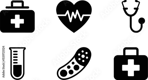 Illustration of medical equipment including first aid kit heart rate stethoscope and test tube on white