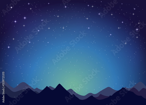 clear, starry night with bright, twinkling stars against a rich dark blue sky background, mountain silhouettes
