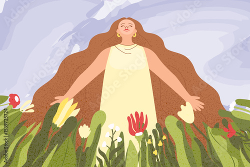 Woman with open hands, feeling self love, bliss, harmony, positive emotion. Happy calm peaceful girl greets the world. Care, humanity, selfhelp and peace concept. Colored flat vector illustration