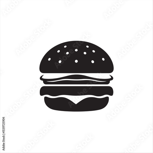 Timeless black and white vector logo design a perfectly balanced and symmetrical geometric silhouette of a burger, on a stark white background.eps