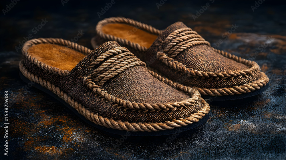 Fototapeta premium Stylish Brown Rope-Detailed Slippers: A Realistic Product Photo