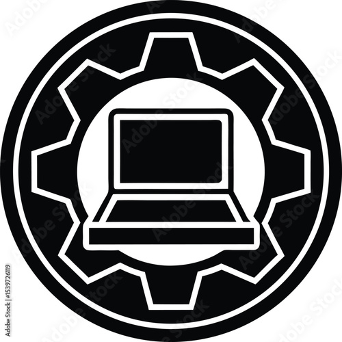 Black and white laptop inside Silhouette gear graphic for technology related functions