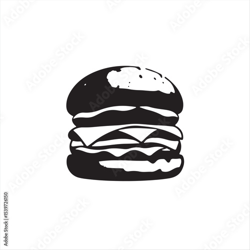 Vector style black and white silhouette of a burger on a white background. The image should have a textured, antique cast bronze look with a subtle patina finish for an elegant and timeless feel.eps