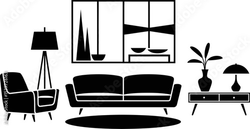 A stylized living room scene with a sofa armchair lamp and cabinet in black and white vector format