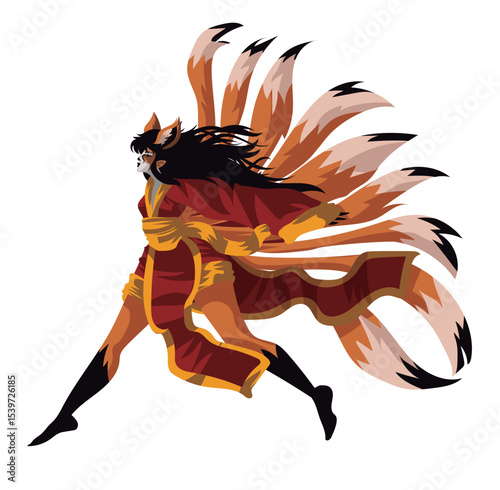 kitsune magical fox with tails from japanese folklore
