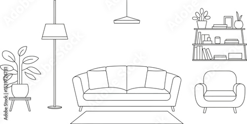 Line drawing of living room interior with sofa armchair bookshelf lamp and potted plant on small table