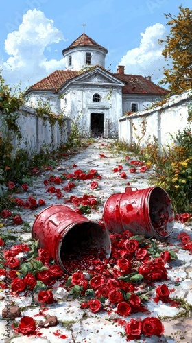 Fallen Roses and Abandoned Church Pathway in Nature's Embrace