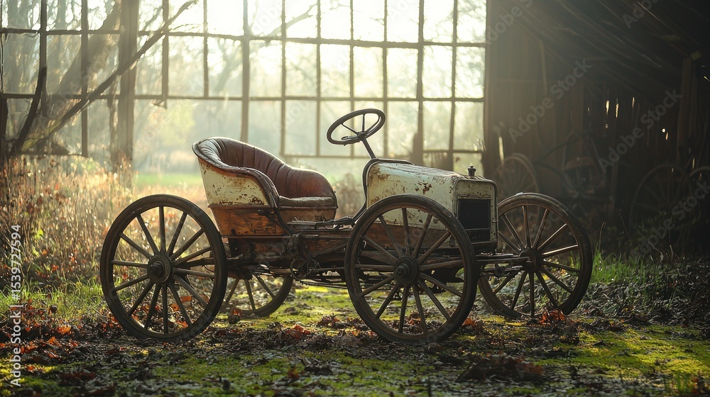 Fototapeta premium A weathered antique automobile, its paint chipped and faded, sits within a sunlit rustic barn. The vehicle displays worn wooden wheels and a faded leather seat. Overgrown vegetation surrounds it