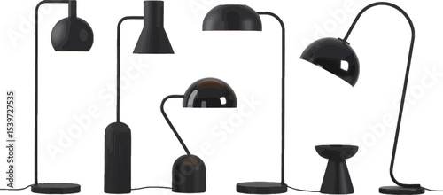 A studio shot showcasing a collection of modern black lamps with various designs on a white background