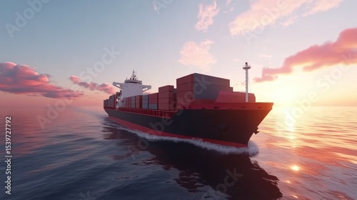 Cargo ship at sunset.  A large container ship sails across calm water at sunrise/sunset.  The vessel is well-lit by golden light, with the horizon in soft focus