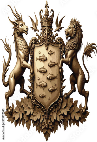 Heraldry in vintage style. Engraved coat of arms with animals, birds, mythical creatures, fish, dragon, unicorn, lion. Medieval Emblems and the logo of the fantasy kingdom on white background.




