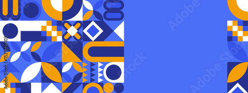 Abstract Geometric Collage with Vivid Colors and Symmetrical Patterns on Blue Background