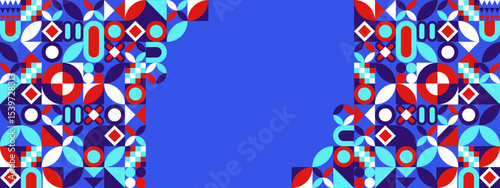 Abstract Geometric Collage with Vivid Colors and Symmetrical Patterns on Blue Background