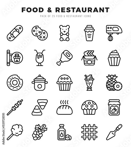 Set of 25 Food and Restaurant Lineal Icons Pack.
