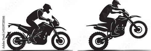 2 Young man on sports motor bike performs tricks silhouette