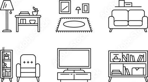 Line art illustration showcasing various types of furniture arranged in a simple and clean style