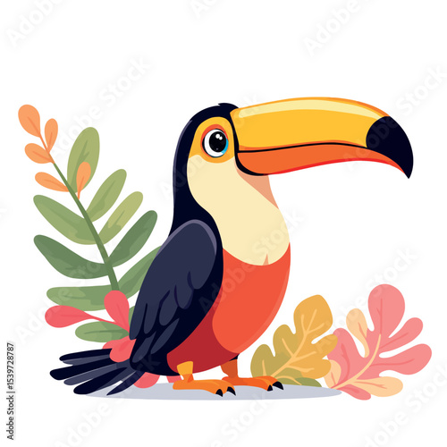 Vsai cartoon toucan bird posing among tropical foliage