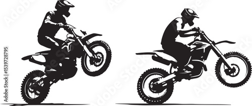 2 Young man on sports motor bike performs tricks silhouette