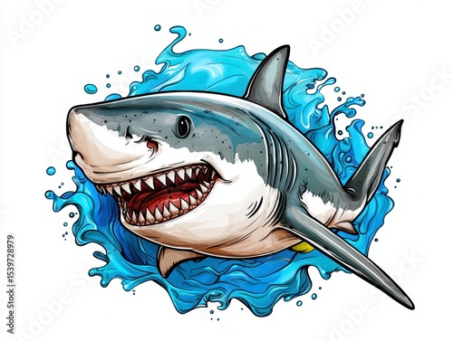 Vibrant Shark Illustration, Ocean Scene, Dynamic Art, Colorful Design, Underwater Environment, Playful Concept