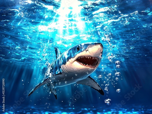 Great White Shark Encounter in Ocean Depths, Stunning Photography, Marine Environment, Dynamic Viewpoint